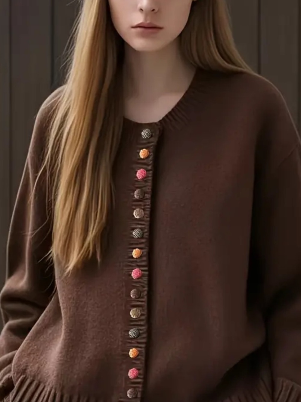 Women's Brown Button-Front Knit Cardigan with Decorative Multicolor Buttons